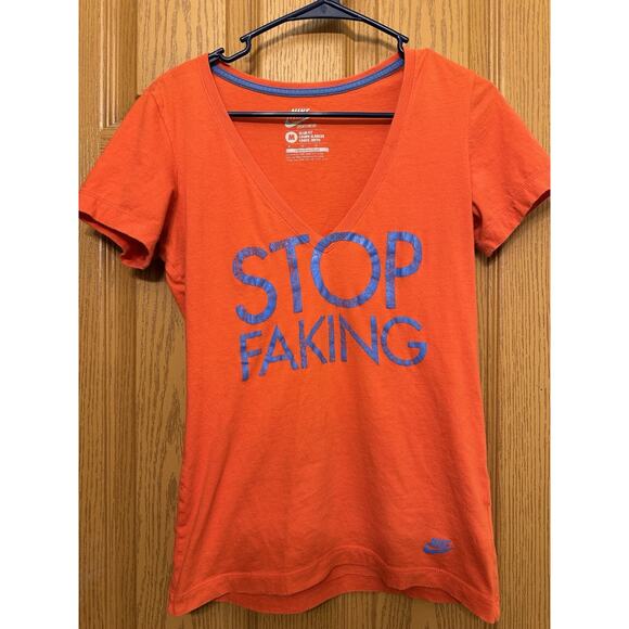 Nike Slim Fit Stop Faking Graphic Tee V Neck Size Medium Orange - Picture 1 of 4